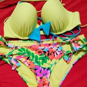 Aerie Yellow and Blue Bikini Set with Tropical Flair